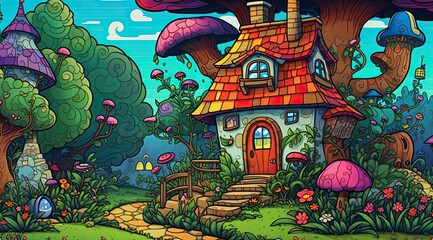 Enter a world of imagination with this delightful scene of a cartoon house nestled by the edge of a lush forest, tailor-made for coloring. The whimsical architecture, made with Generative AI