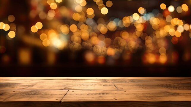Empty wooden table top with blurred background of Christmas background. made with Generative AI