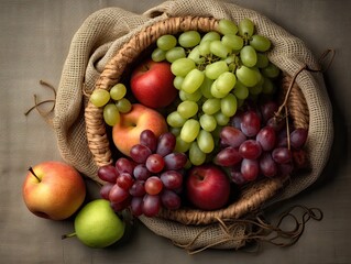 raw fresh apples pears grapes, in burlap isolated top view, made with Generative AI