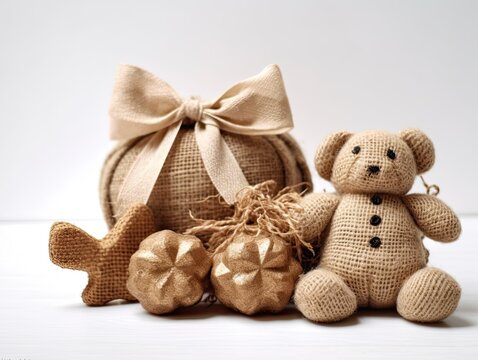 raw fresh fresh Christmas toys in burlap bag isolated top view made with Generative AI