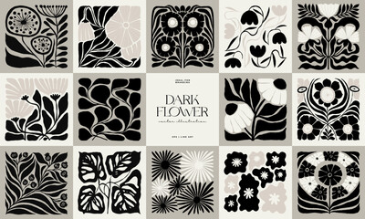 Dark Floral abstract elements. Botanical composition. Modern trendy Matisse minimal style. Floral poster, invite. Vector arrangements for greeting card or invitation design