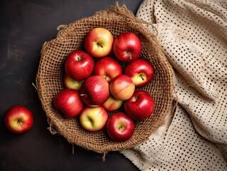 raw fresh apples, in burlap isolated top view made with Generative AI