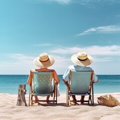 Fototapeta na wymiar Relax senior couple on beach with blue sky, Retirment travel holiday healthy lifestyle Concept, made with Generative AI