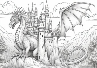 Set out on a quest with this castle and dragon coloring page. Strong black lines define the medieval landscape, creating an intriguing canvas for coloring. made with Generative AI - obrazy, fototapety, plakaty