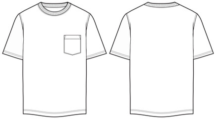 Men's Short sleeve Crew neck T Shirt flat sketch fashion illustration drawing template mock up with front and back view
