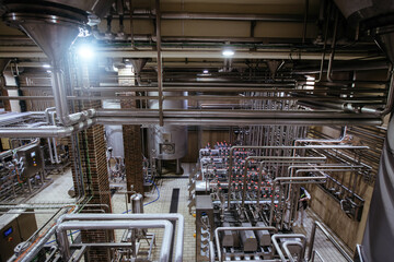 Modern brewery. Craft beer production line, aerial view