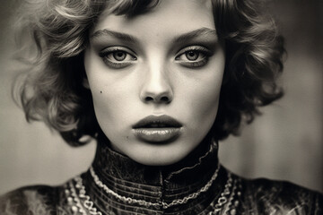 B&W portrait of fashion model in haute couture leather jacket and outfit. on location magazine shoot.