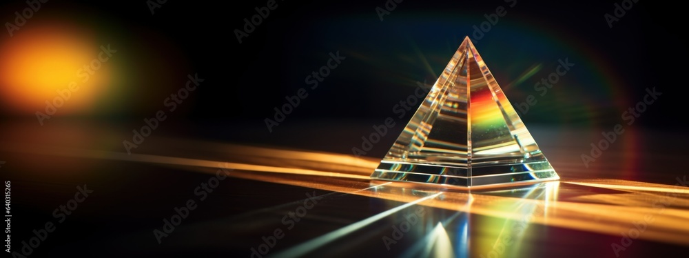 Poster light refraction crystal prism with abstract blurred colorful lens flare bokeh on black background. 