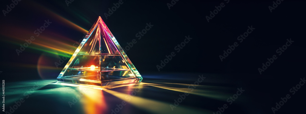 Poster light refraction crystal prism with abstract blurred colorful lens flare bokeh on black background. 