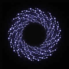 Magic swirl light effect. Christmas light concept. Shiny round frame with sparkle particles.