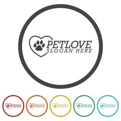 Pet love logo template. Set icons in color circle buttons