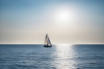Amidst the endless ocean expanse, a solitary sailboat ventures forth, accompanied only by the boundless azure sky