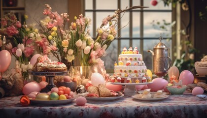 Photo of a festive table filled with delicious cakes and colorful balloons