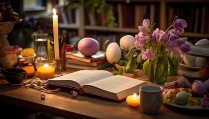 Photo of an open book on a wooden table