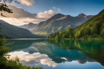 Behold a breathtaking vista of a lake embraced by majestic mountains adorned with lush vegetation