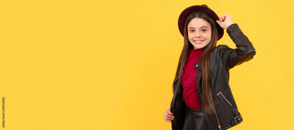 Poster happy teen girl in hat and leather jacket, cool. child face, horizontal poster, teenager girl isolat