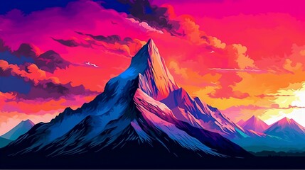 A mountain peak silhouetted against a colorful sunset