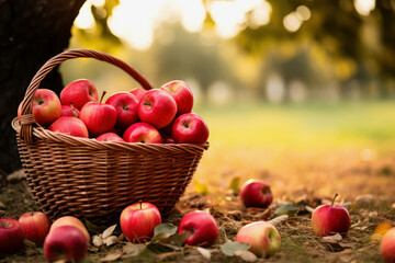 Basket Of Red Apples Under A Tree In An Orchard. Autumn Harvest Concept With Copy Space. Ai Generated
