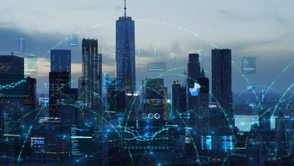 Futuristic Aerial View of Manhattan Skyline with Augmented Reality Elements. Connected City with Financial Elements, Charts, Graphs and Figures. IOT, VR. New York City. - Powered by Adobe