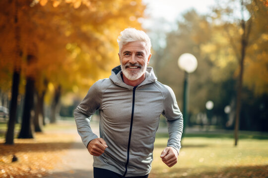Happy Senior Man Jogging In The Park At Sunset On An Autumn Day. Ai Generated
