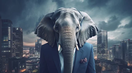Foto auf Acrylglas Elefant elephant head in a suit with city background.Generative AI