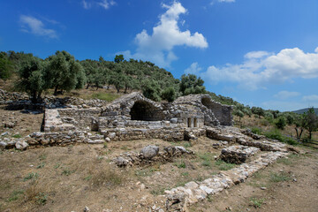Fototapeta na wymiar Euromos was an ancient city in Caria, Anatolia; the ruins are approximately 4 km southeast of Selimiye and 12 km northwest of Milas (the ancient Mylasa), Mugla Province, Turkey.