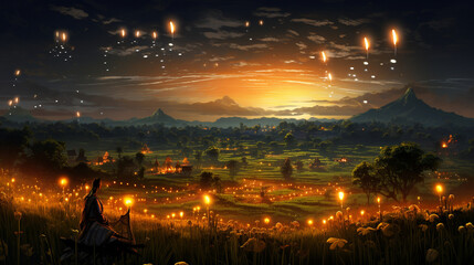 A serene countryside landscape with distant Diwali celebrations lighting up the horizon, Background, Diwali,