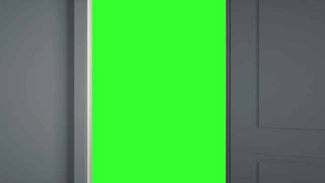 White door opening to green screen, chroma key