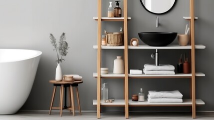 Interiors of a bathroom, Bathroom with sink bowl on wooden cabinet and shelving unit.