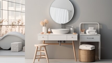 Interiors of a bathroom, Bathroom with sink bowl on wooden cabinet and shelving unit.