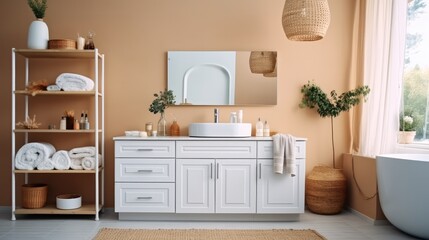 Sink, mirror with table and chest of drawers, Interior of bathroom in modern house.