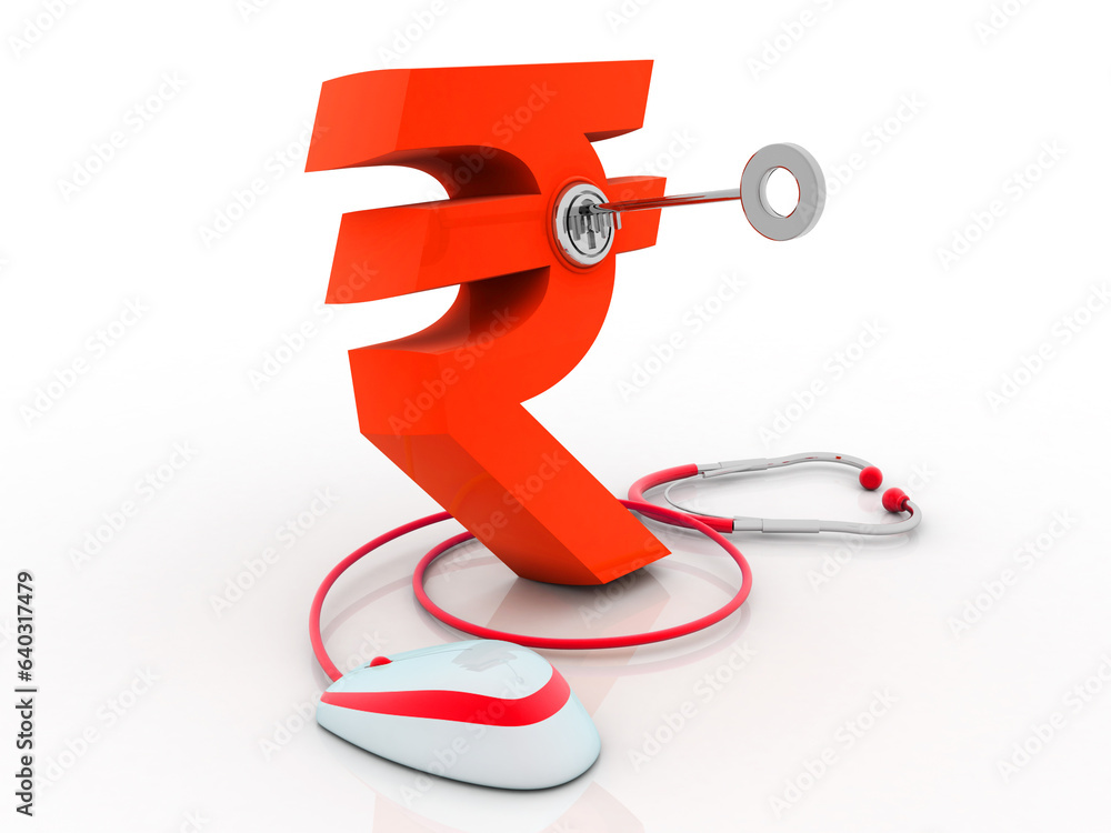 Poster 3d rendering illustration rupee currency with mouse connected stethoscope
