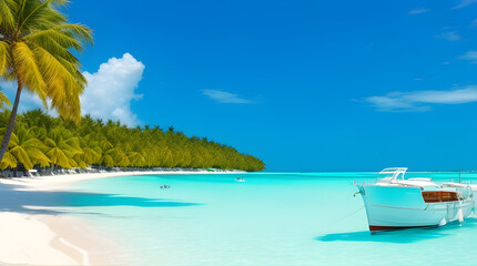 Fototapeta na wymiar Beach with palm trees and blue sky