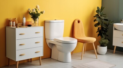 Naklejka na ściany i meble Restroom and ceramic toilet bowl with shelving unit and wicker basket in fashionable house.