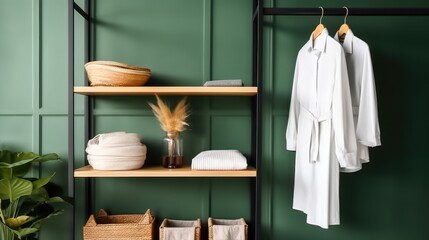 Shelving unit with clothes, Towels and plant in modern bathroom.