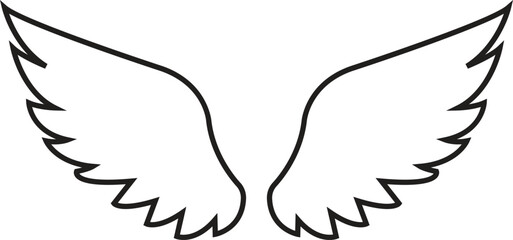 Wing with long feather. Angel or bird wing line black icon. Aviation pilot patch badge. Heraldic vintage army insignia emblem falcon phoenix hawk. Flying winged frame. Biker logo stencil stamp.