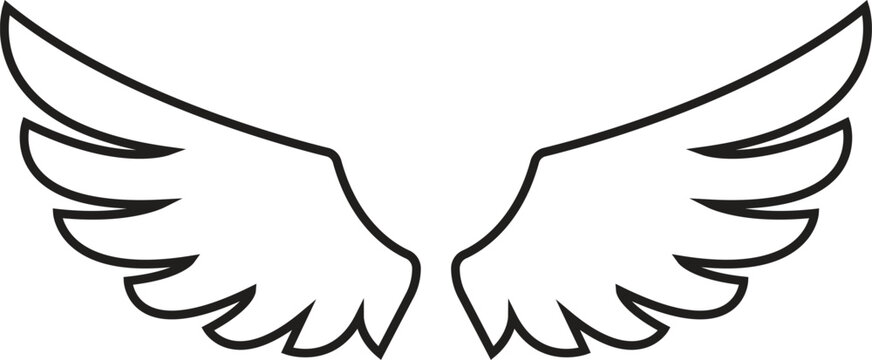 Wing with long feather. Angel or bird wing line black icon. Aviation pilot patch badge. Heraldic vintage army insignia emblem falcon phoenix hawk. Flying winged frame. Biker logo stencil stamp.