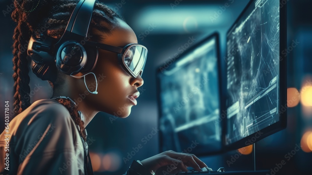 Aufkleber black woman using computer program, discussing on video call, multicultural diversity future technol