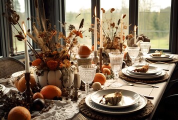 Fototapeta na wymiar Thanksgiving table setting, generative ai image of holiday dinner table.