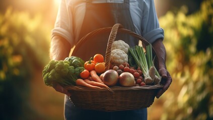 Fresh vegetables in farmers basket, generative ai image of organic garden crop harvest