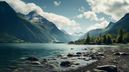 Naklejka premium Beautiful view of the mountains behind the lake