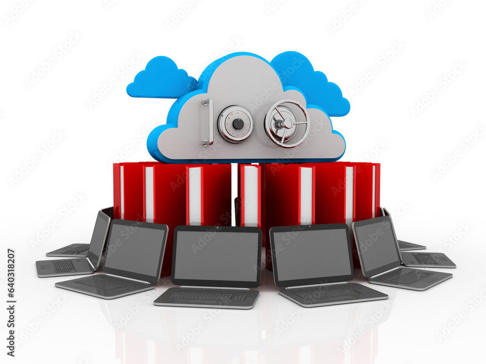 Poster 3d rendering technology computer network with book protection cloud lock
