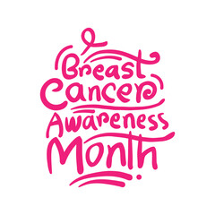 Obraz premium Breast Cancer Awareness month vector hand drawn lettering template design. Cancer awareness typography, Poster, banner, Design with Pink Ribbon. Cancer Awareness Month October.