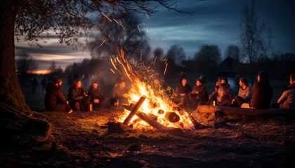 Photo of people enjoying a cozy campfire gathering in the evening