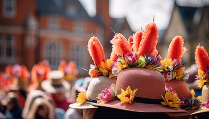 Photo of people wearing floral hats for a spring event or garden party