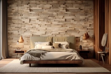 Modern, light beige and brown bedroom. Close up details of contemporary design of bedroom with wooden walls and led lightning.