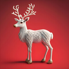 3D white reindeer on a red background.