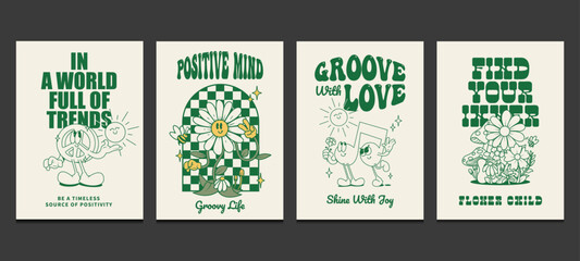 groovy hippie posters 70s, retro posters with cute cartoon characters, vector illustration