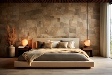 Luxurious wood details Bedroom Retreat with Elegant Hardwood Floors, LED Lighting, Rich Textures, and Sleek Designer Touches..