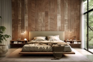 Luxurious wood details Bedroom Retreat with Elegant Hardwood Floors, LED Lighting, Rich Textures, and Sleek Designer Touches..
